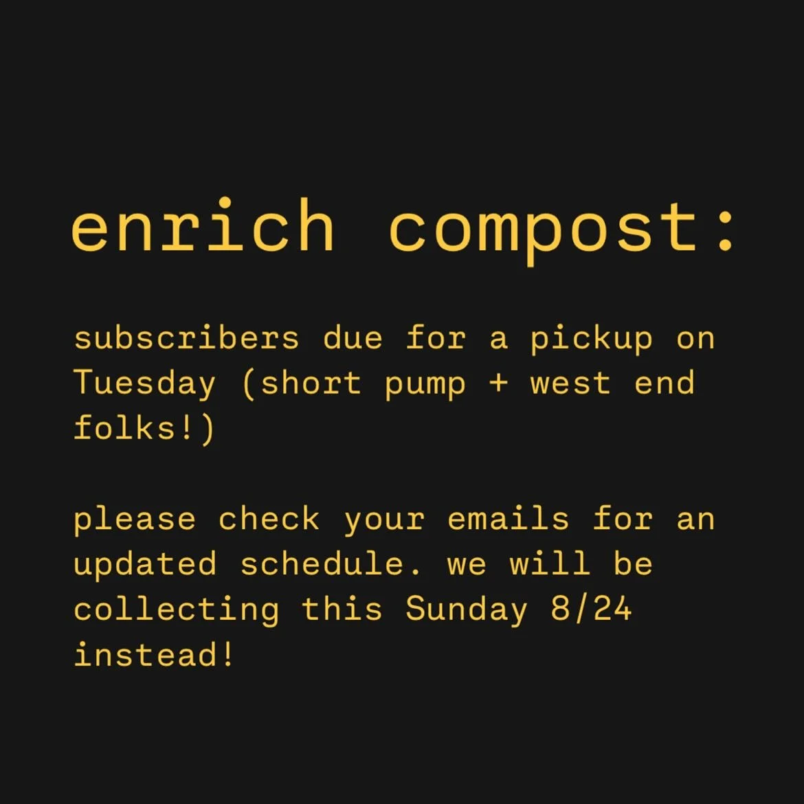🚨 ATTN: enrich subscribers 🚨 scheduled for next week! Tuesday folks are being moved to THIS Sunday and Wednesday folks are being moved to NEXT Friday! Emails have been sent with these details. Thursday subscribers are scheduled as normal. Text remi