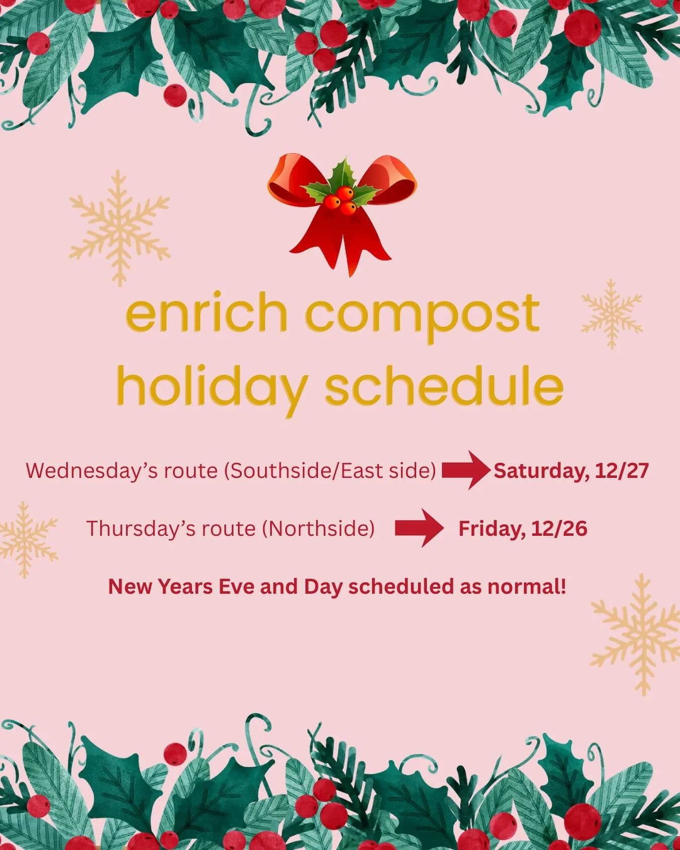 Happy Holidays from enrich! Pickup members, please note the schedule changes for Christmas week. Tuesday&rsquo;s route is scheduled as normal. There will be no changes to routes for New Years Eve + Day. We&rsquo;ll be adding Christmas tree collection