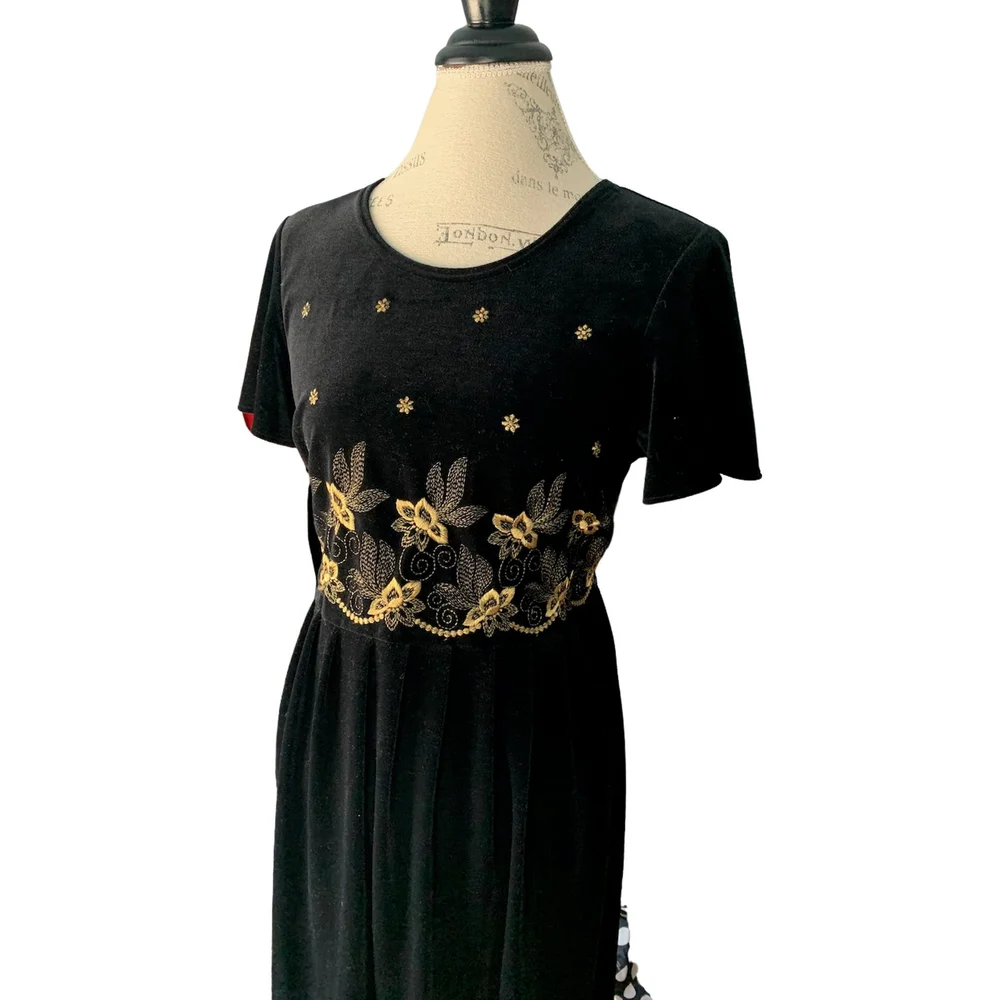 black velvet dress with gold embroidery
