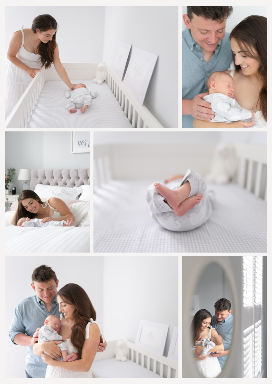 A collage of images showing a family welcoming their newborn. It includes a mother in a white dress with her newborn baby, a father and mother holding the baby, the mother lying in bed smiling at the baby, and the family looking at each other in a mirror, all in a bright, modern bedroom with white decor.