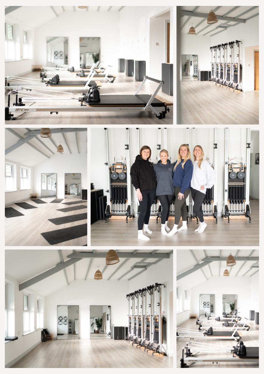 A collage of fitness studio images showing Pilates reformer equipment, resistance bands, yoga mats, and four women smiling in workout attire in front of resistance machines.