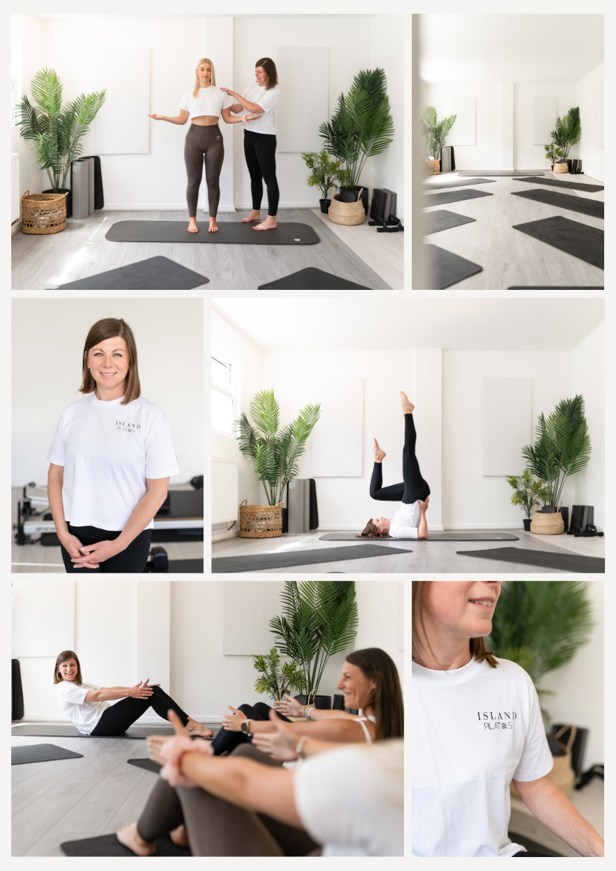A pilates class or workshop in a bright, minimal studio with large plants, mats, and a relaxing atmosphere. Photos show an instructor guiding participants, practicing pilates poses, and engaging with attendees.