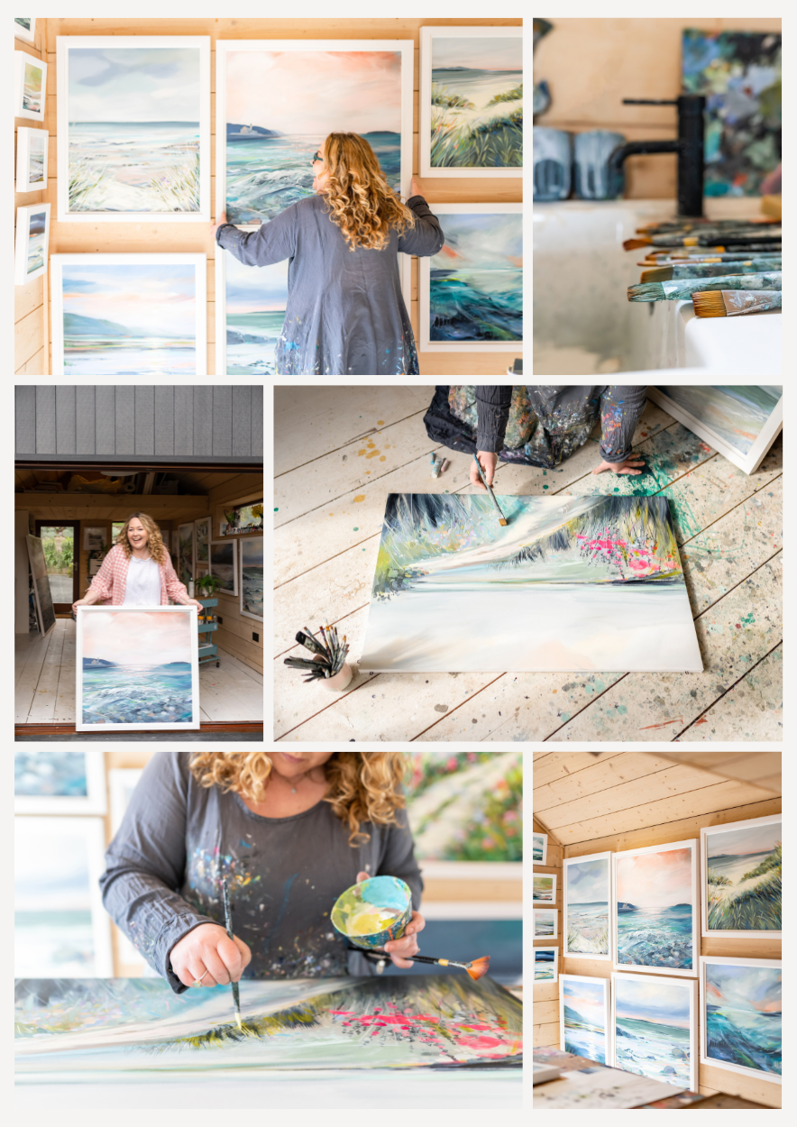 Collage of a woman creating and displaying landscape paintings of seascapes and nature scenes in an art studio.