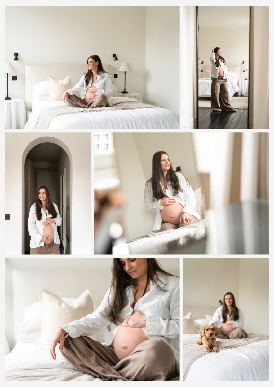 A pregnant woman in a white shirt and brown trousers in various poses around her bedroom, including sitting on the bed, standing in the hallway, and interacting with a small dog on the bed.