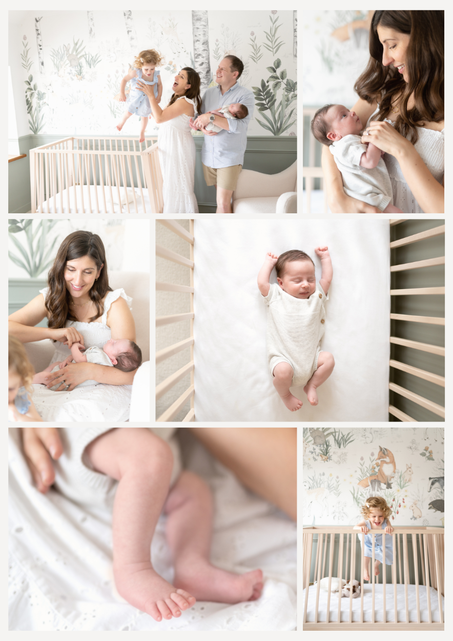 Family in nursery with young children and a dog, mother holding newborn, father with toddler, baby lying in crib, close-up of baby's legs, toddler jumping in crib, wallpaper with animal illustrations.
