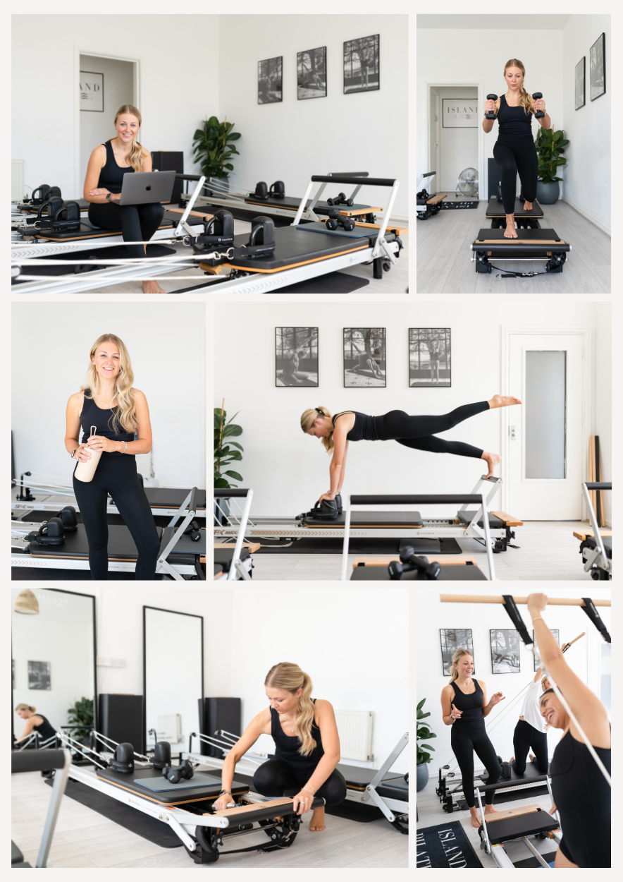 A collage of women exercising in a bright, modern Pilates studio with white walls and black and white framed pictures. The women are using Pilates reformers, balance boards, and other equipment, engaging in various exercises such as balancing, stretching, and strength training.