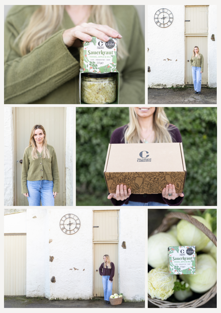 A woman holding a jar of sauerkraut, standing outside a rustic white building with a large clock. She appears happy and casually dressed in a green cardigan and blue jeans. Additional images show her standing near the building, holding a cardboard box labeled 'The Cultured Collective,' and a basket of fresh vegetables, including cabbages, beside her.