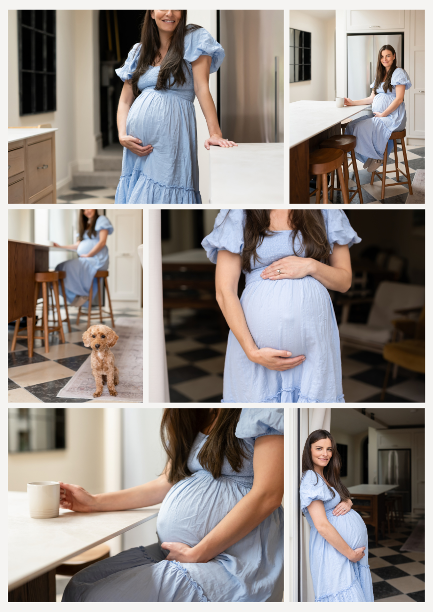 Collage of a pregnant woman in a blue dress in a home environment, including sitting at a kitchen counter, sitting on a bar stool, holding her belly, and standing near a door. Also features a small dog sitting on a rug and the woman holding a mug.