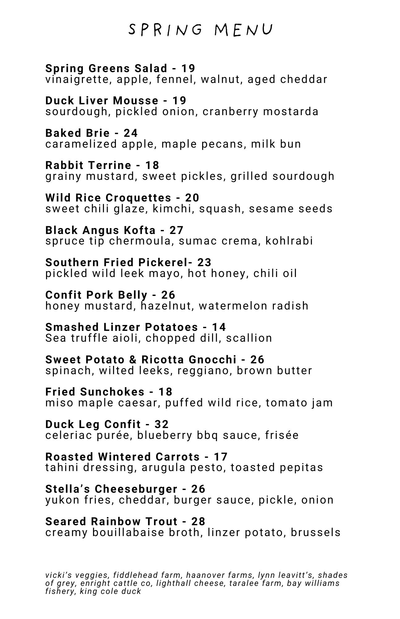Spring Dinner menu stella's eatert, pec, prince edward county, healthy, fresh, farm to table, restaurant, female-owned, lgbtq, gay, seasonal, food, organic, natural, great restaurant, best restaurant PEC, restaurant pec