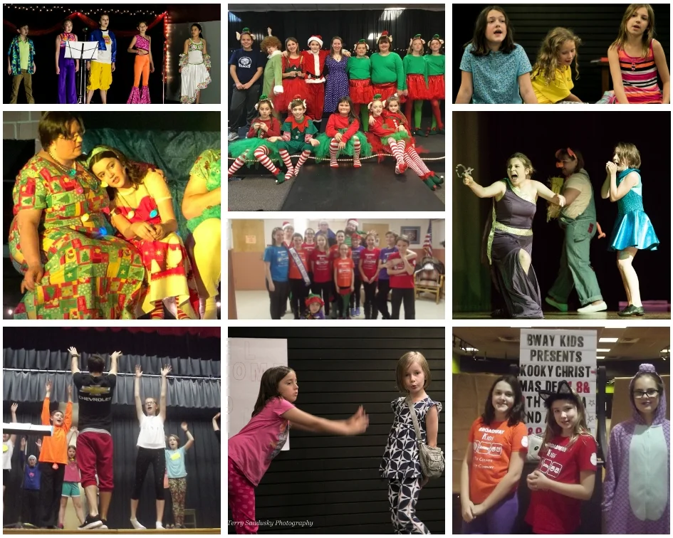 BROADWAY REVUE: SONGS TO INSPIRE, ELF JUNIOR CAST PHOTO, GIANTS IN THE SKY REHEARSAL, KOOKY CHRISTMAS PERFORMANCE, KOOKY CHRISTMAS PERFORMING AT THE NURSING HOME, SHREK THE MUSICAL, SHREK THE MUSICAL DANCE REHEARSAL, GIANTS IN THE SKY REHEARSAL AND KOOKY CHRISTMAS CAST HANDING OUT CANDY TO TRICK OR TREATERS