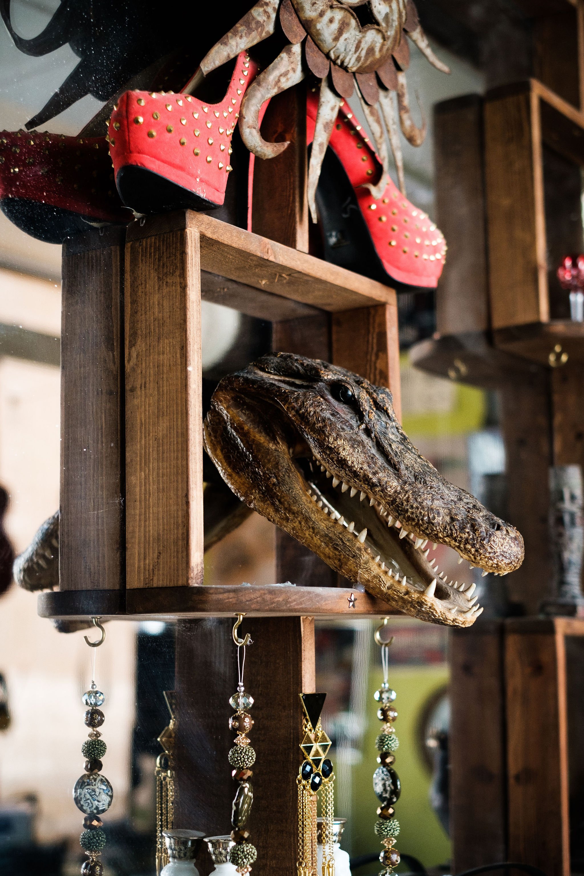Decorative wooden shelf displaying a crocodile skull with an open mouth, a pair of red high-heeled shoes with gold studs, and various jewelry items hanging below.
