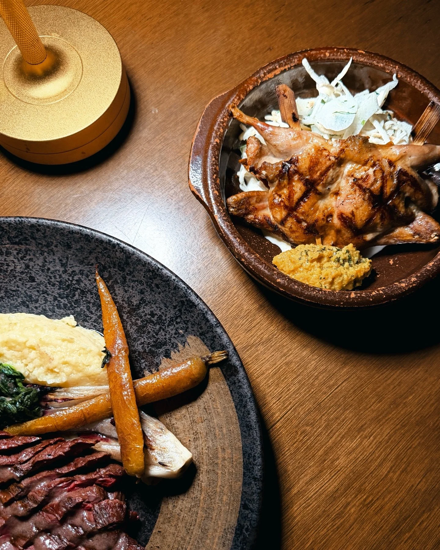 Steak or quail?

Now on the menu: Pincho de Codorniz con Salsa Anacardo &mdash; beautifully grilled quail with cashew &amp; sultana sauce, finished with celery root and fennel remoulade. And yes, it&rsquo;s gluten-free. 

Are you staying classic&hell