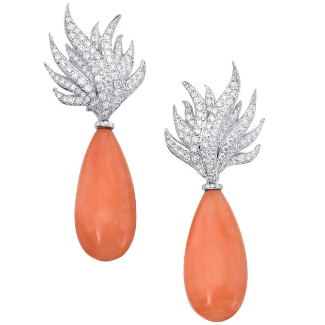 Flame earrings with natural angel skin coral and diamonds, price on request; Assael