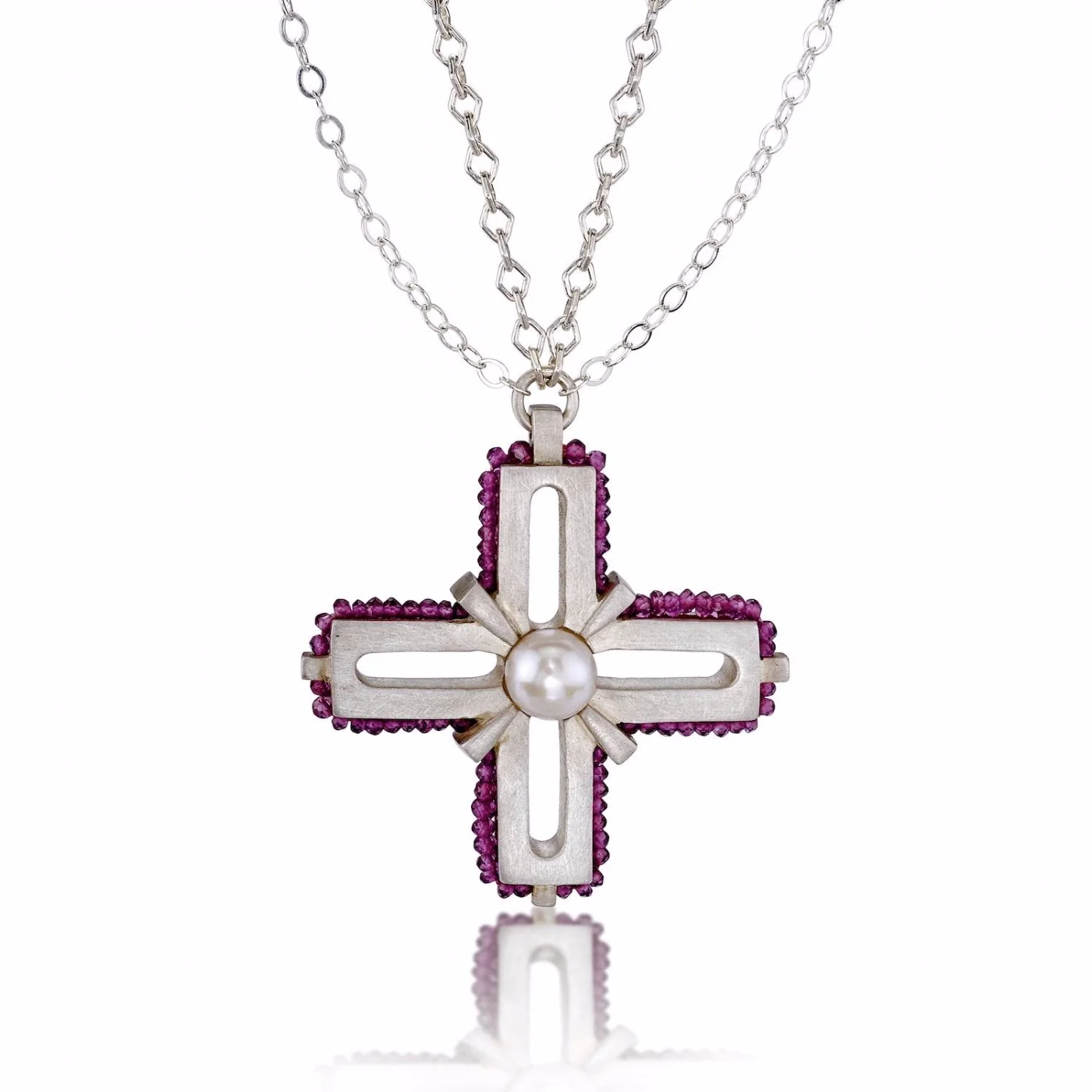 Large sterling silver maltese cross - ruby and pearl