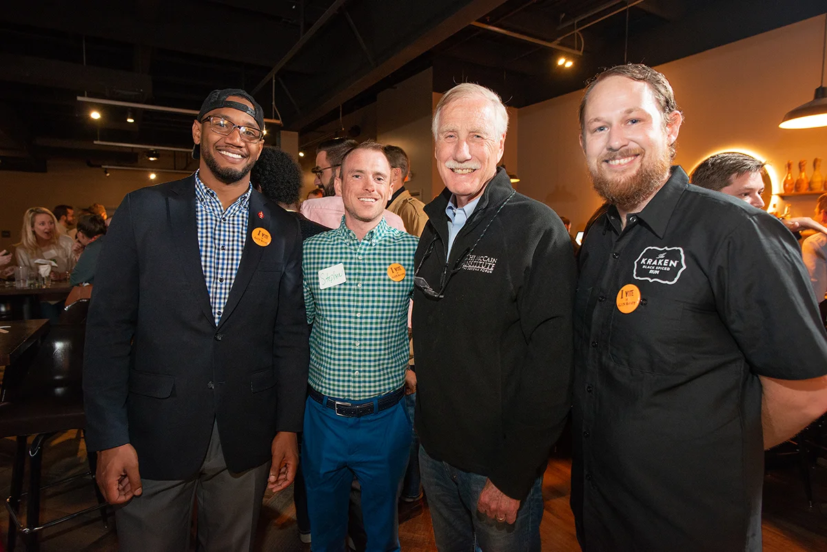 MSVA Board Members Omar Andrews, Stephen White, and Nick Wilson with US Senator Angus King at Bayside Bowl in Portland, Maine. Photo credit Michele Stapleton.