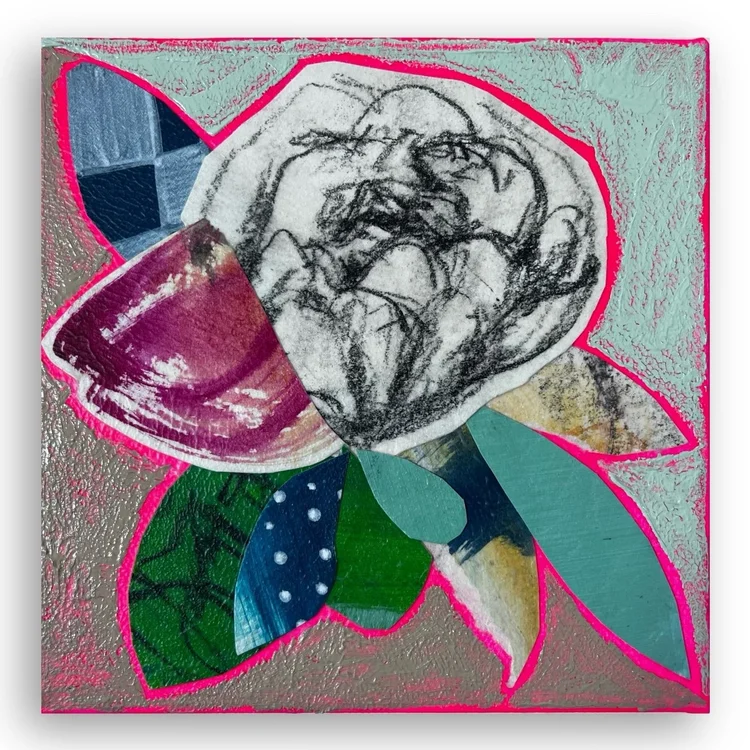 Floral Collage, study 1, acrylic, charcoal, and paper on canvas