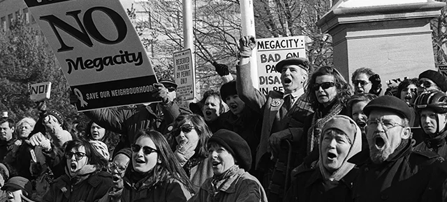 The amalgamation of the six cities that formed the old Metro Toronto into one large "megacity" was met with a series of mass protests back in the late 1990s