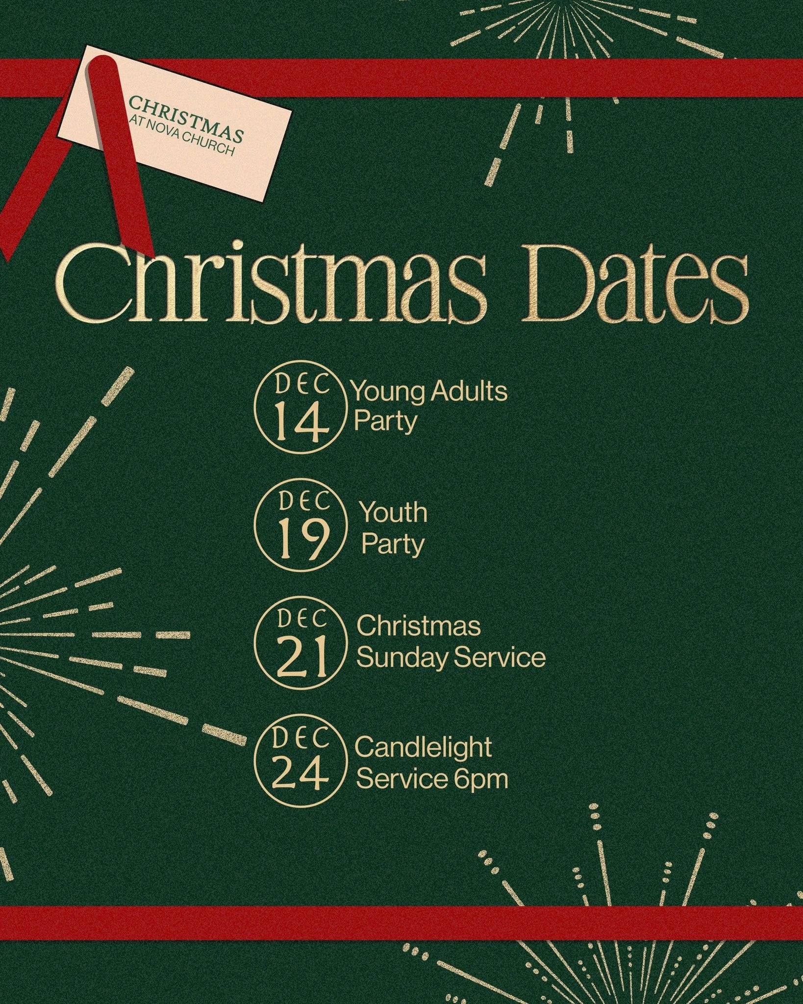 Christmas at Nova is here 🎄✨

Save these dates and bring someone with you:

📅 Dec 14: Young Adults Party
📅 Dec 19: Youth Party
📅 Dec 21: Christmas Sunday Service
🕯️ Dec 24: Candlelight Service at 6pm

Tag a friend you want to sit with and share 
