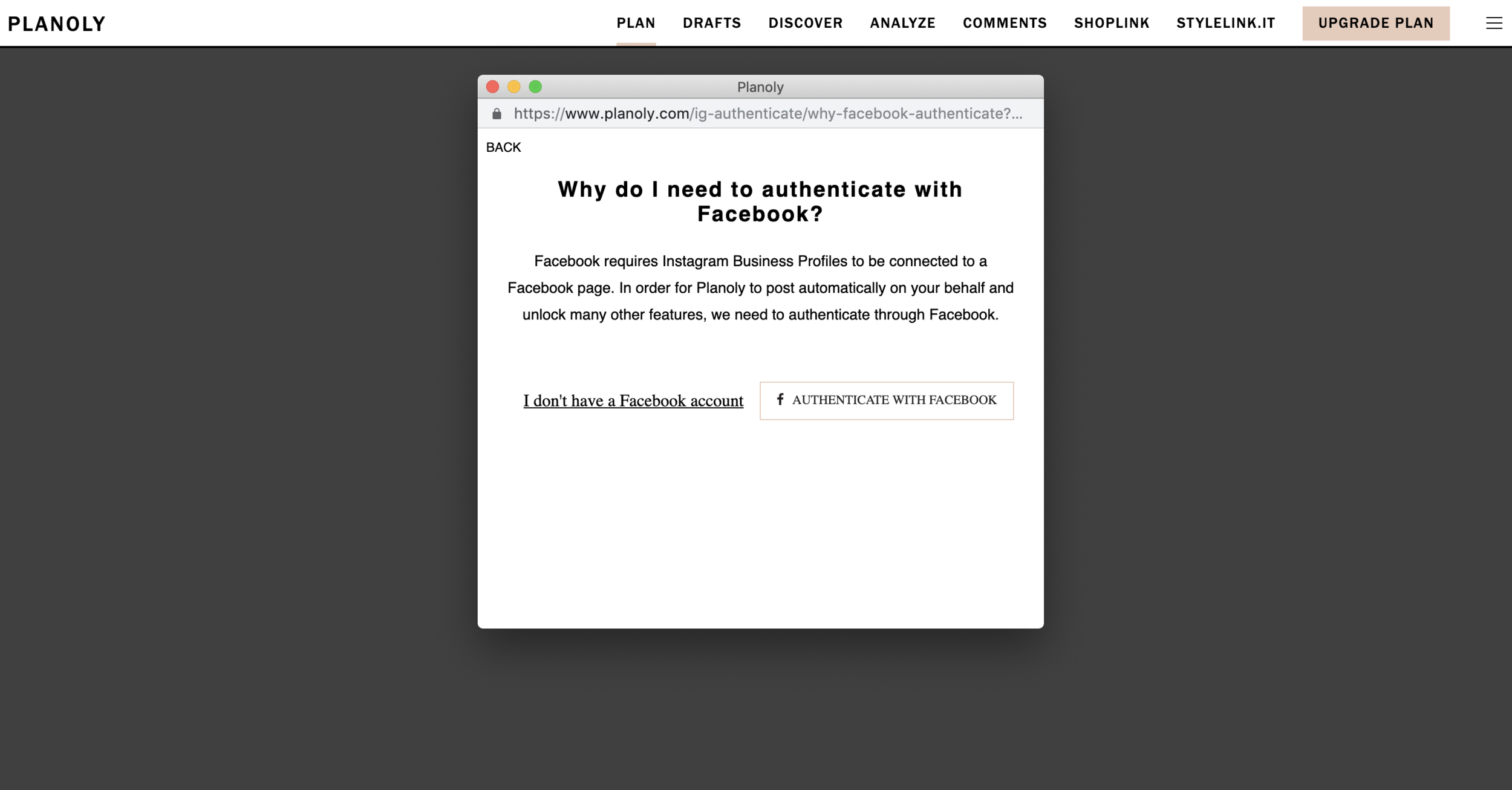 As explained, if you have a business account it actually links through Facebook. Click “Authenticate with Facebook.”