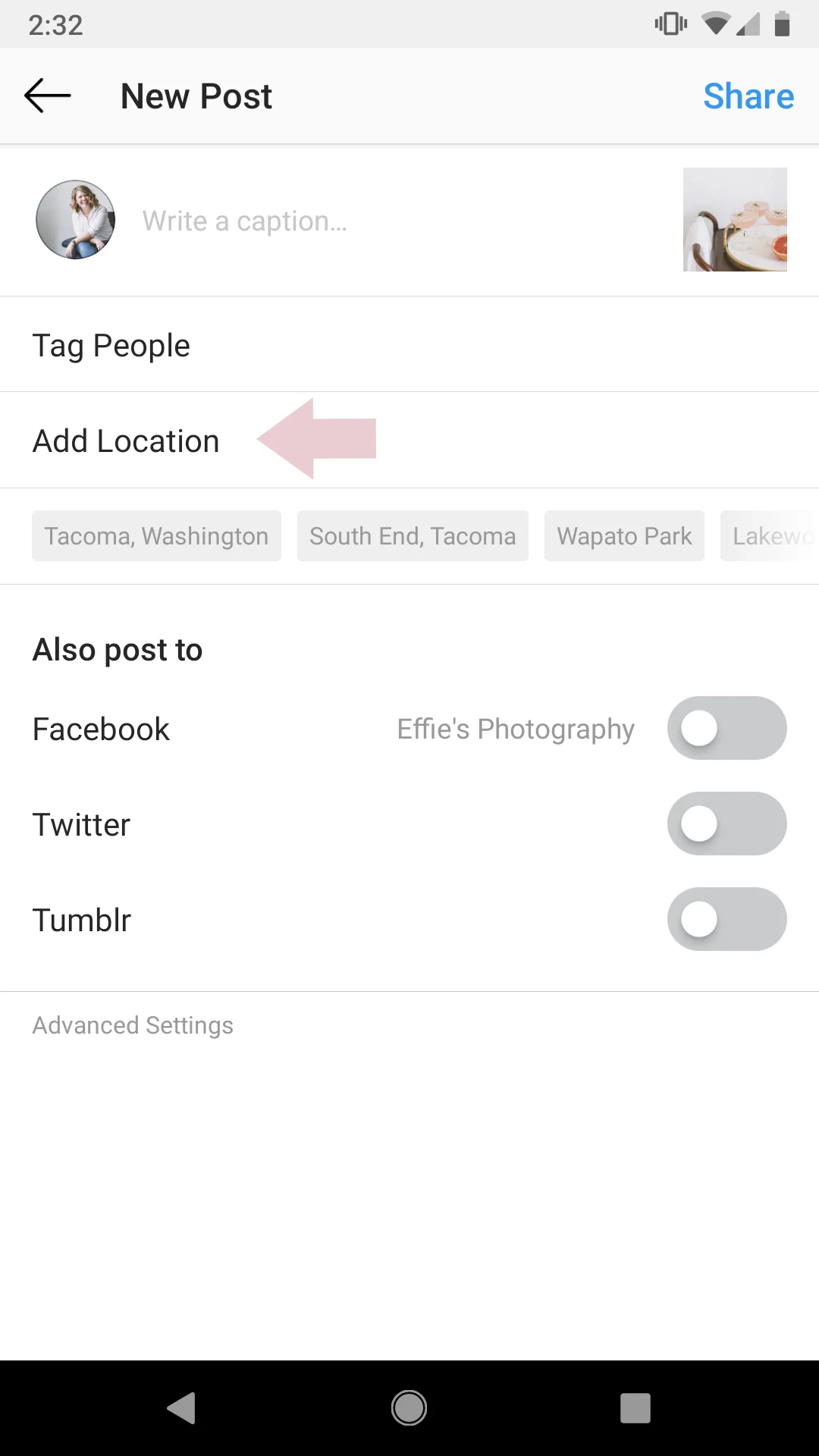 Start your post as usual, then click “add location.”