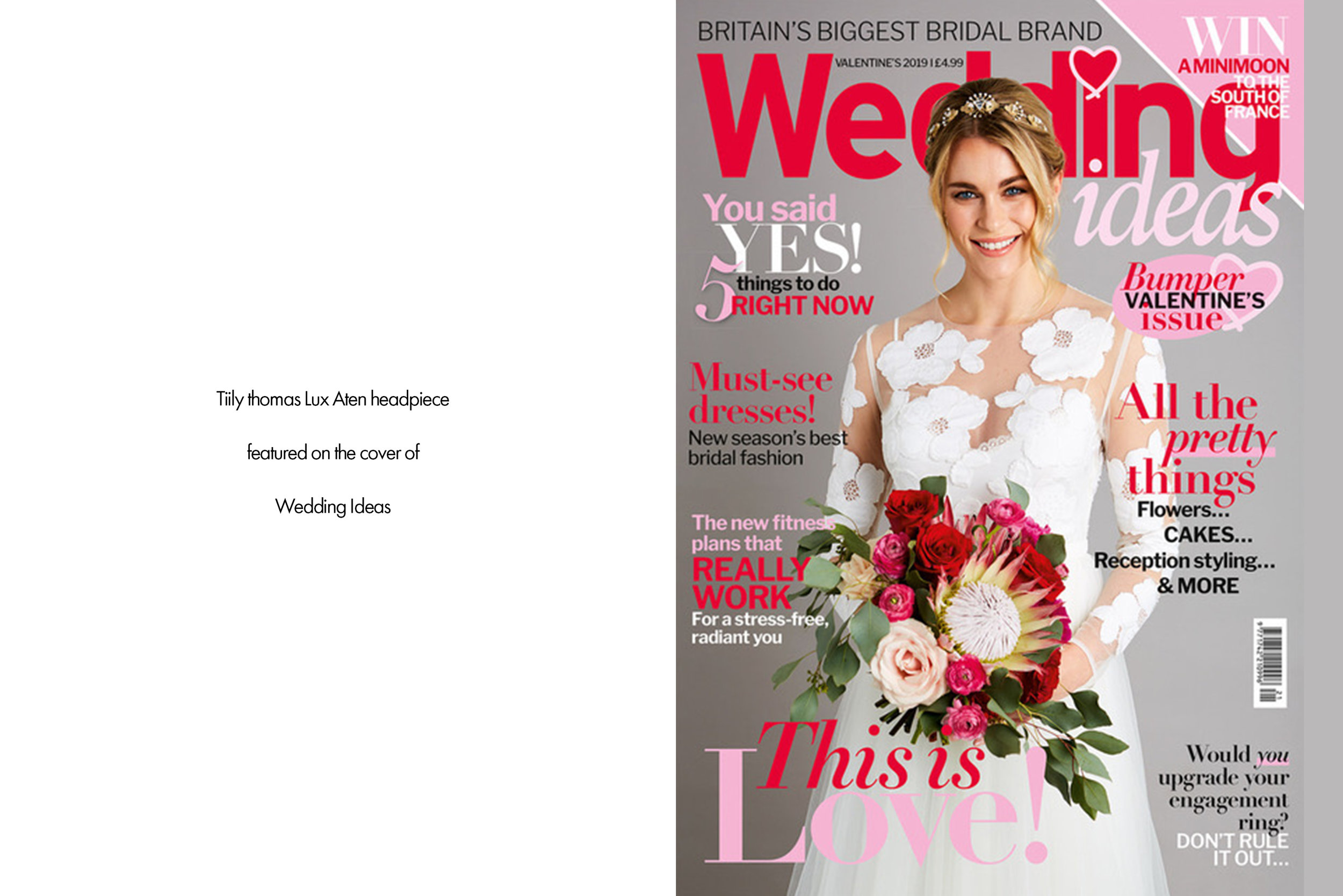 Tilly Thomas Lux Aten headpiece featured on the cover of Wedding Ideas Magazine