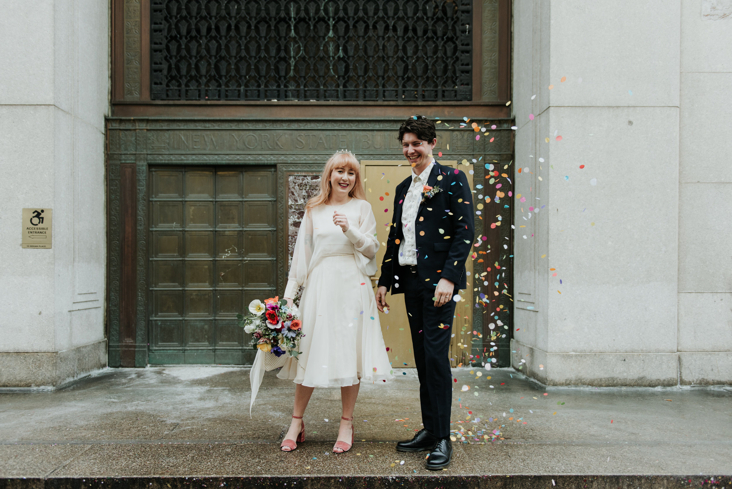 A Tilly Thomas Lux Celestia crown for a laid-back Dumbo, Brooklyn wedding