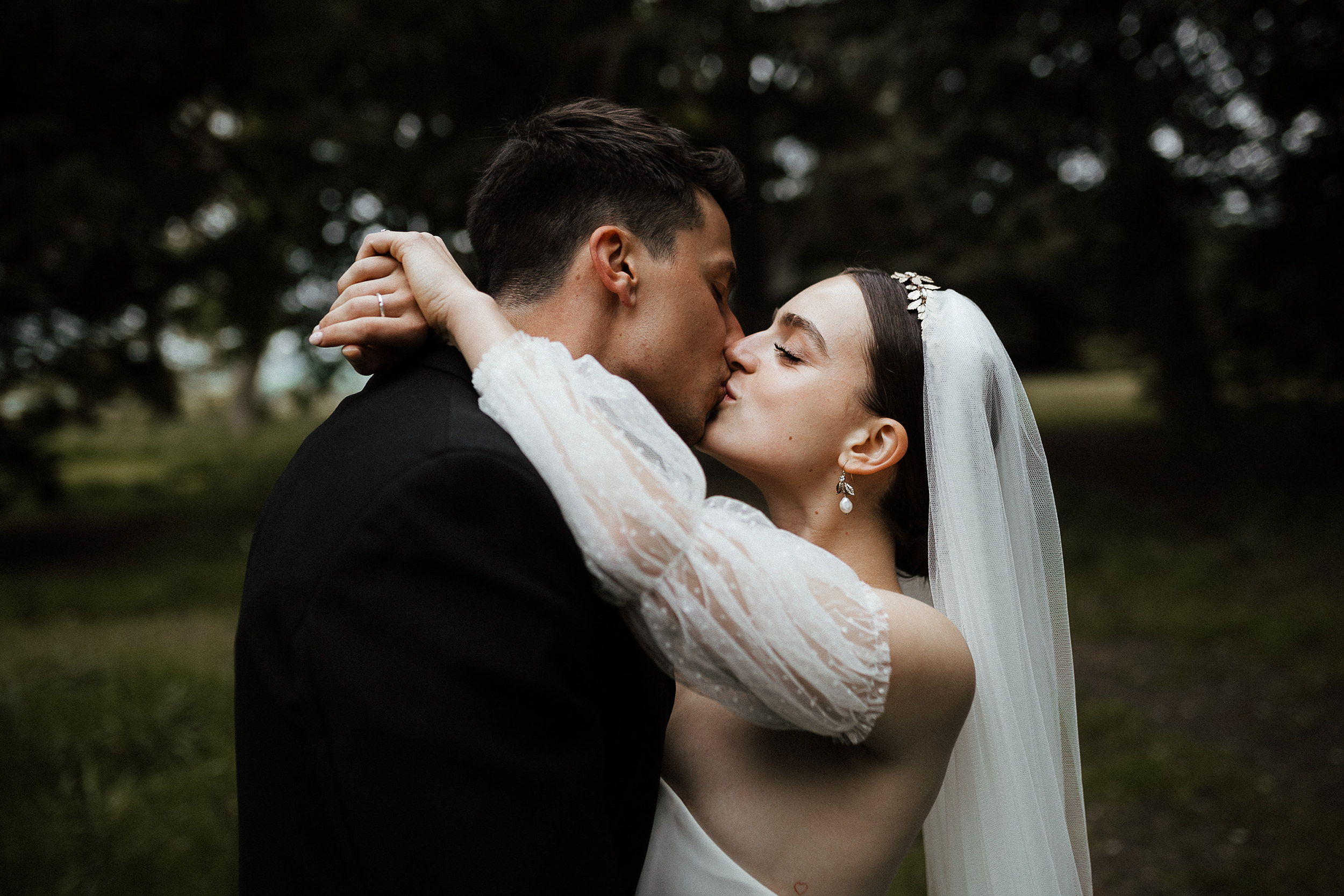 Chic Halfpenny London separates with statement sleeves and a bespoke leafy Tilly Thomas Lux crown for a fashion forward bride