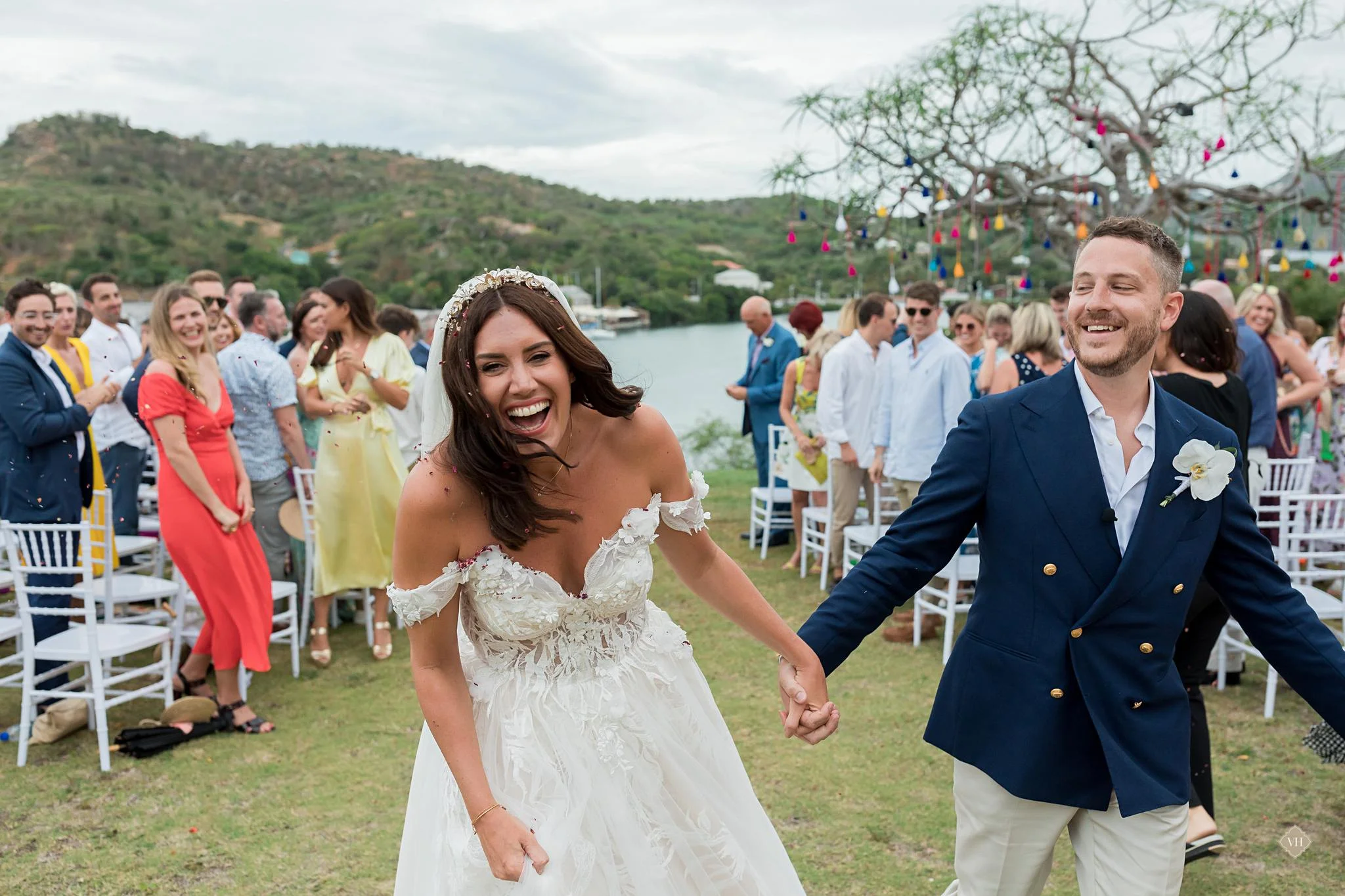 An exquisite Riki Dalal gown and bespoke Tilly Thomas lux crown for a wedding in the Caribbean