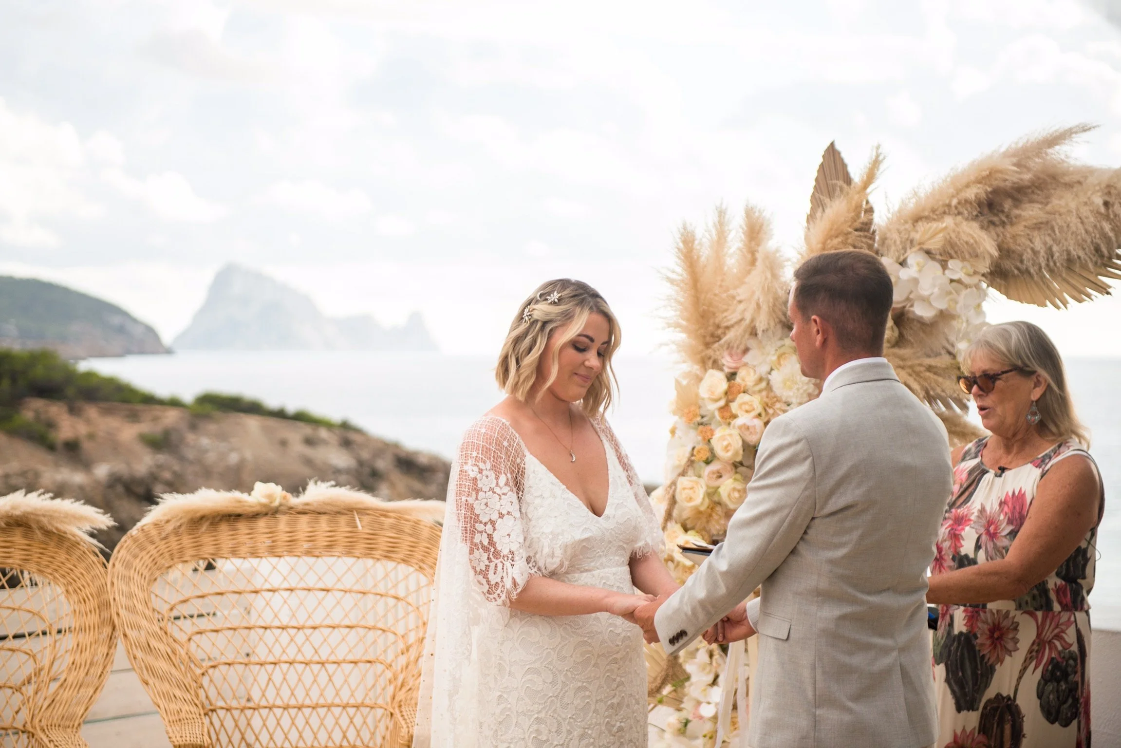 Tilly Thomas Lux Celestial hairpins and a Grace Loves Lace gown for an Ibiza wedding