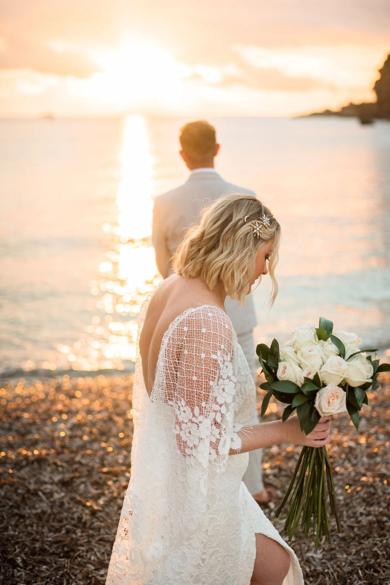 Tilly Thomas Lux Celestial hairpins and a Grace Loves Lace gown for an Ibiza wedding