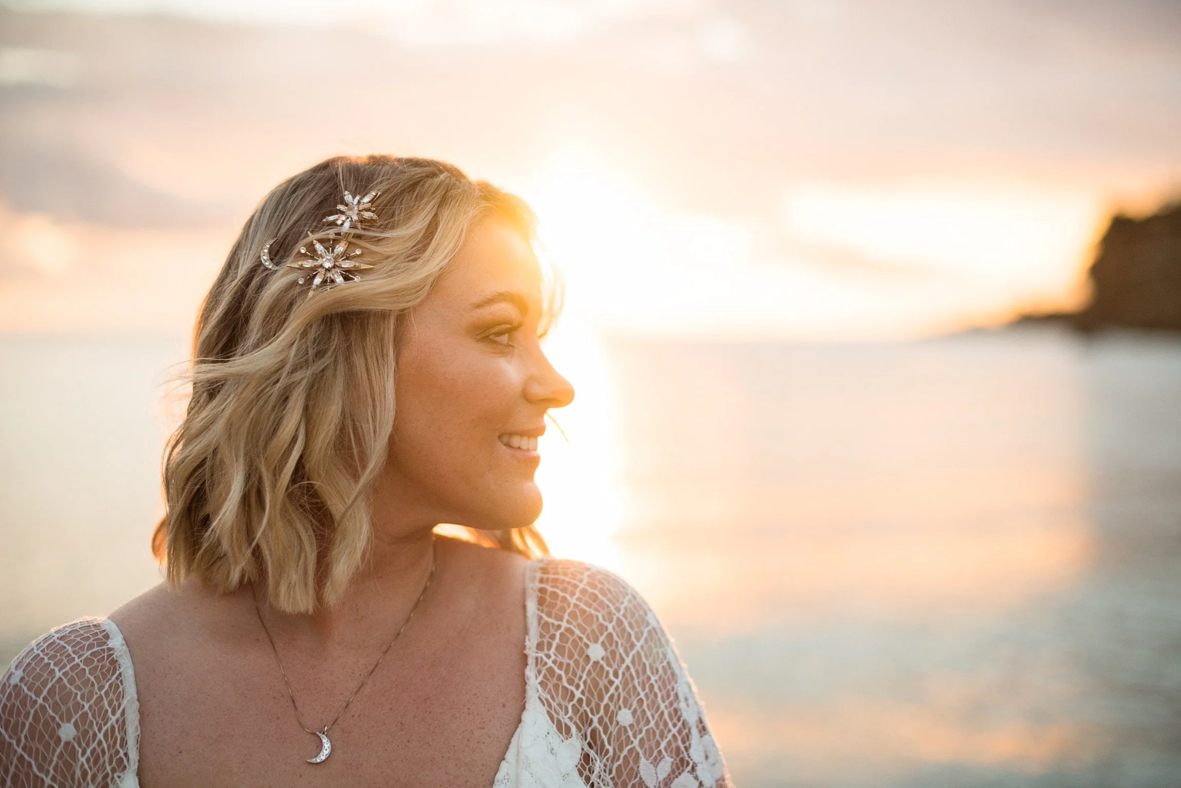 Tilly Thomas Lux Celestial hairpins and a Grace Loves Lace gown for an Ibiza wedding