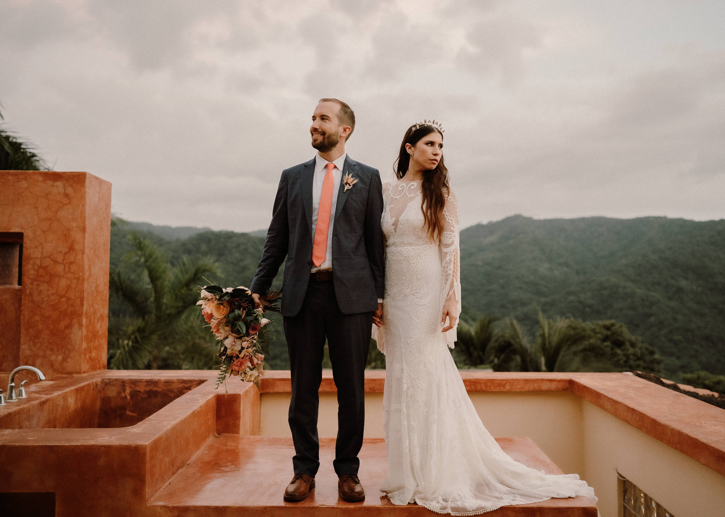 A Rue de Seine wedding dress and Tilly Thomas Lux crown for a Costa Rica wedding