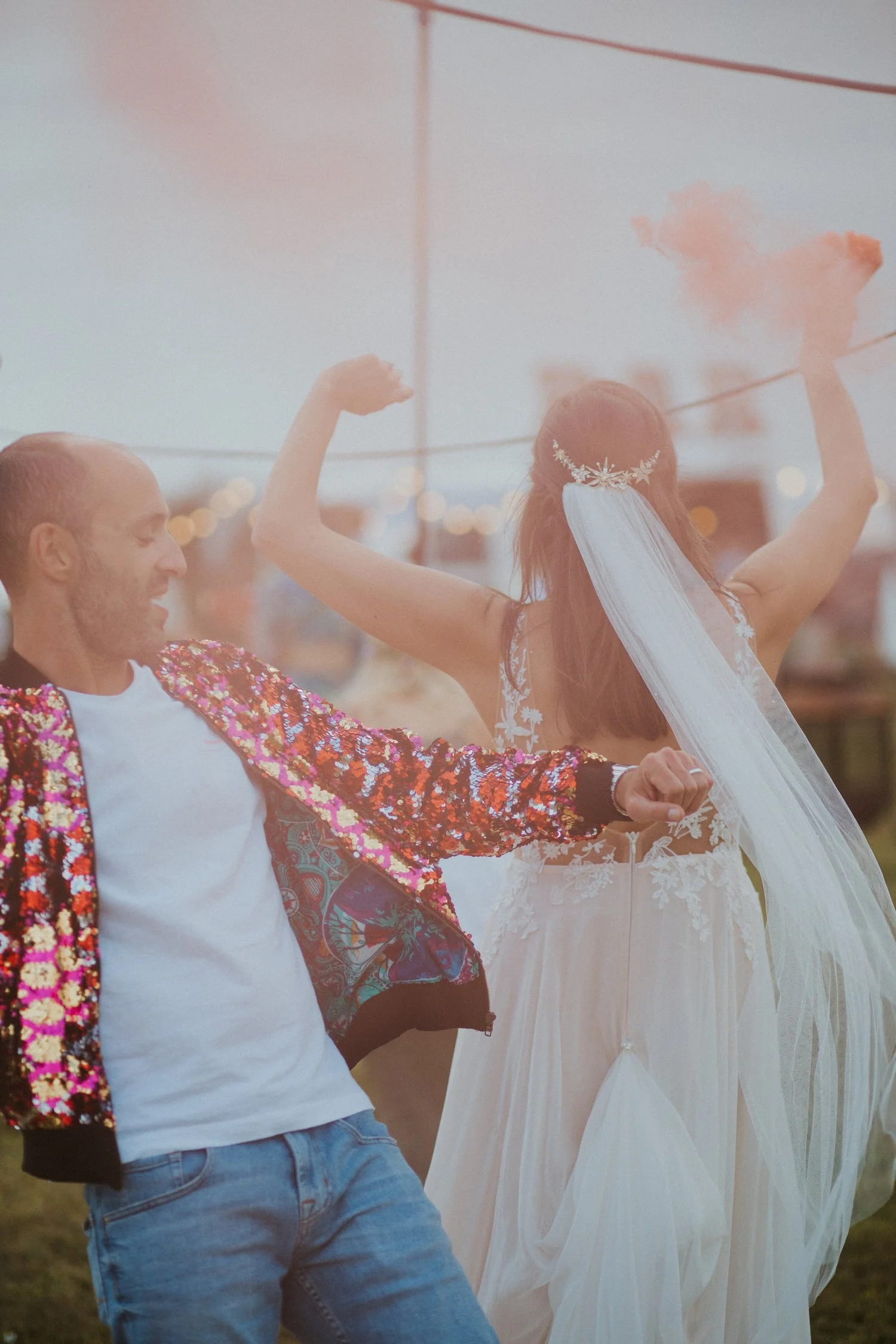 A Tilly Thomas Lux Aurora hair piece for a festival inspired wedding