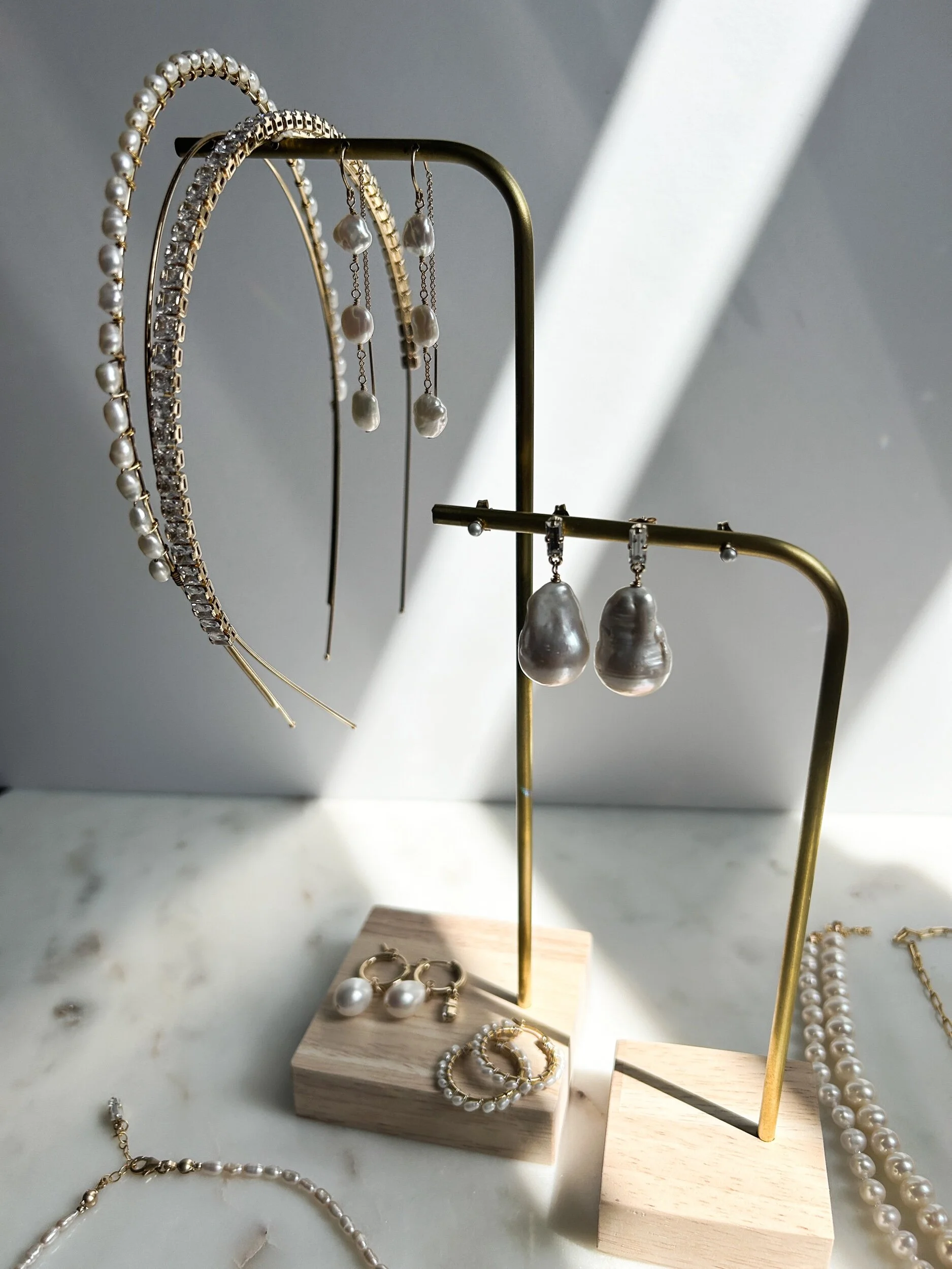 Baroque pearl baguette drop by Tilly Thomas Lux