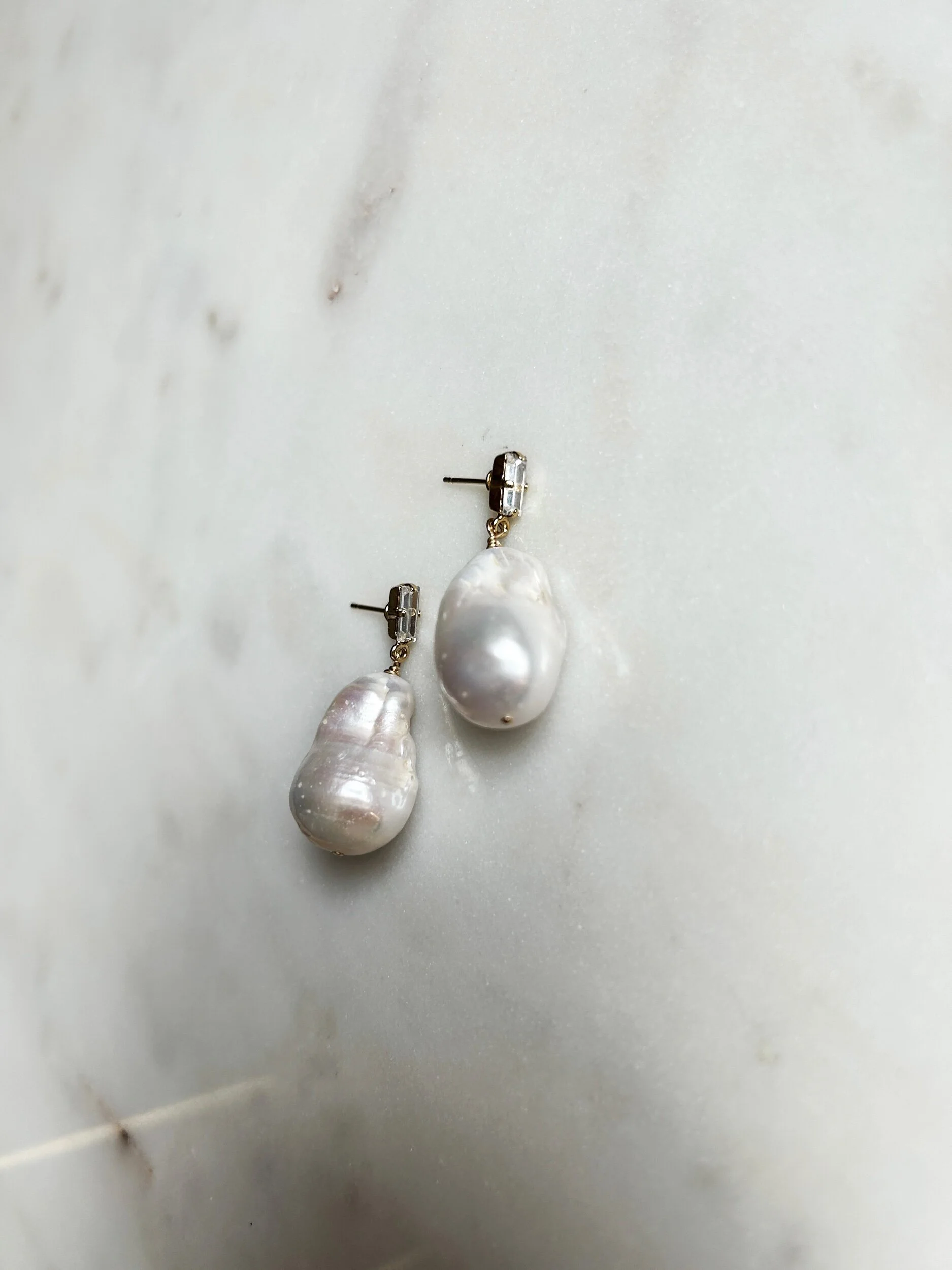 Baroque pearl baguette drop by Tilly Thomas Lux
