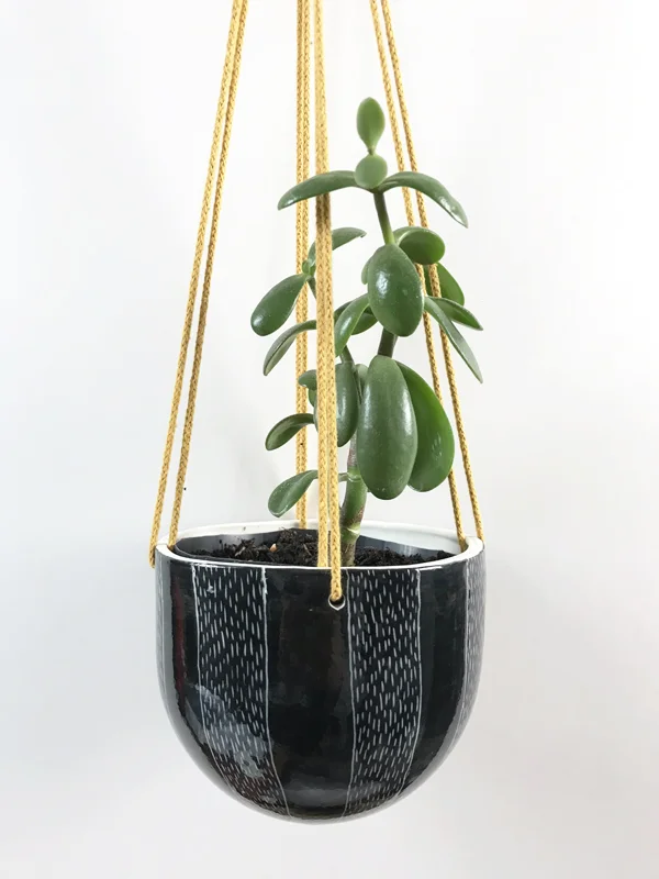 Black and white sgraffito hanging planter