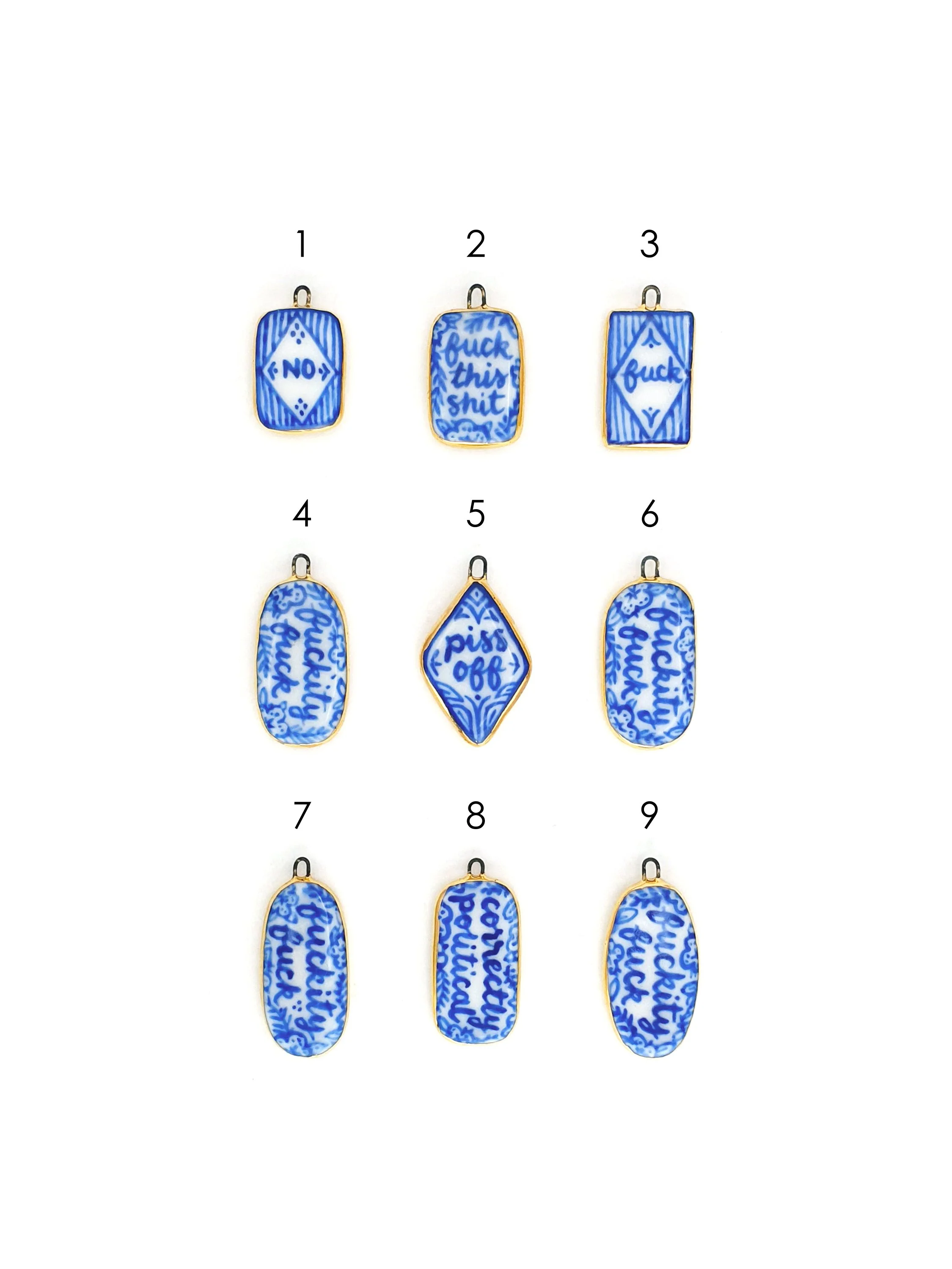 Blue and white sweary lozenge charms - SET 1