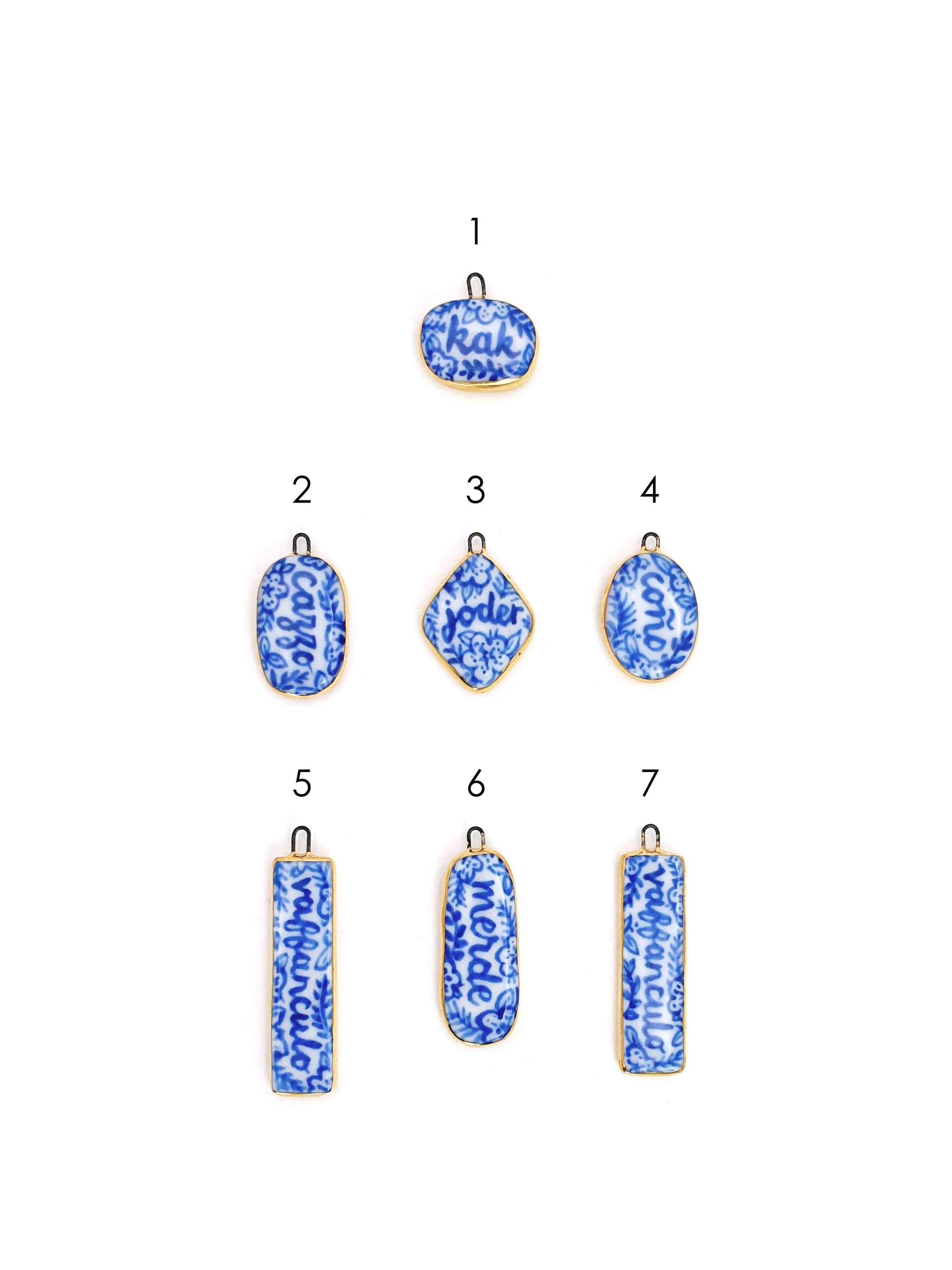 Blue and white non-English sweary lozenge charms - SET 1