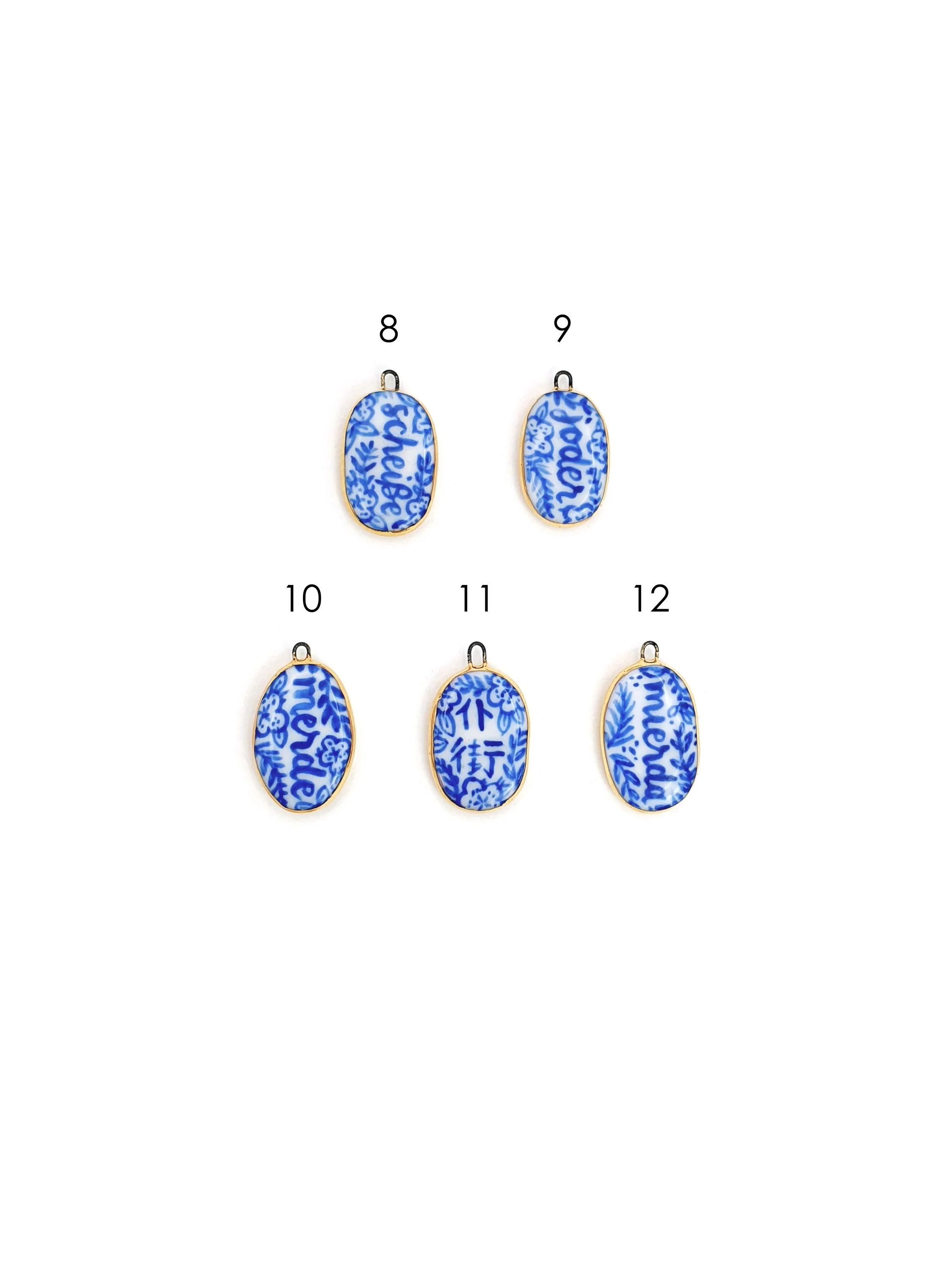 Blue and white non-English sweary lozenge charms - SET 2