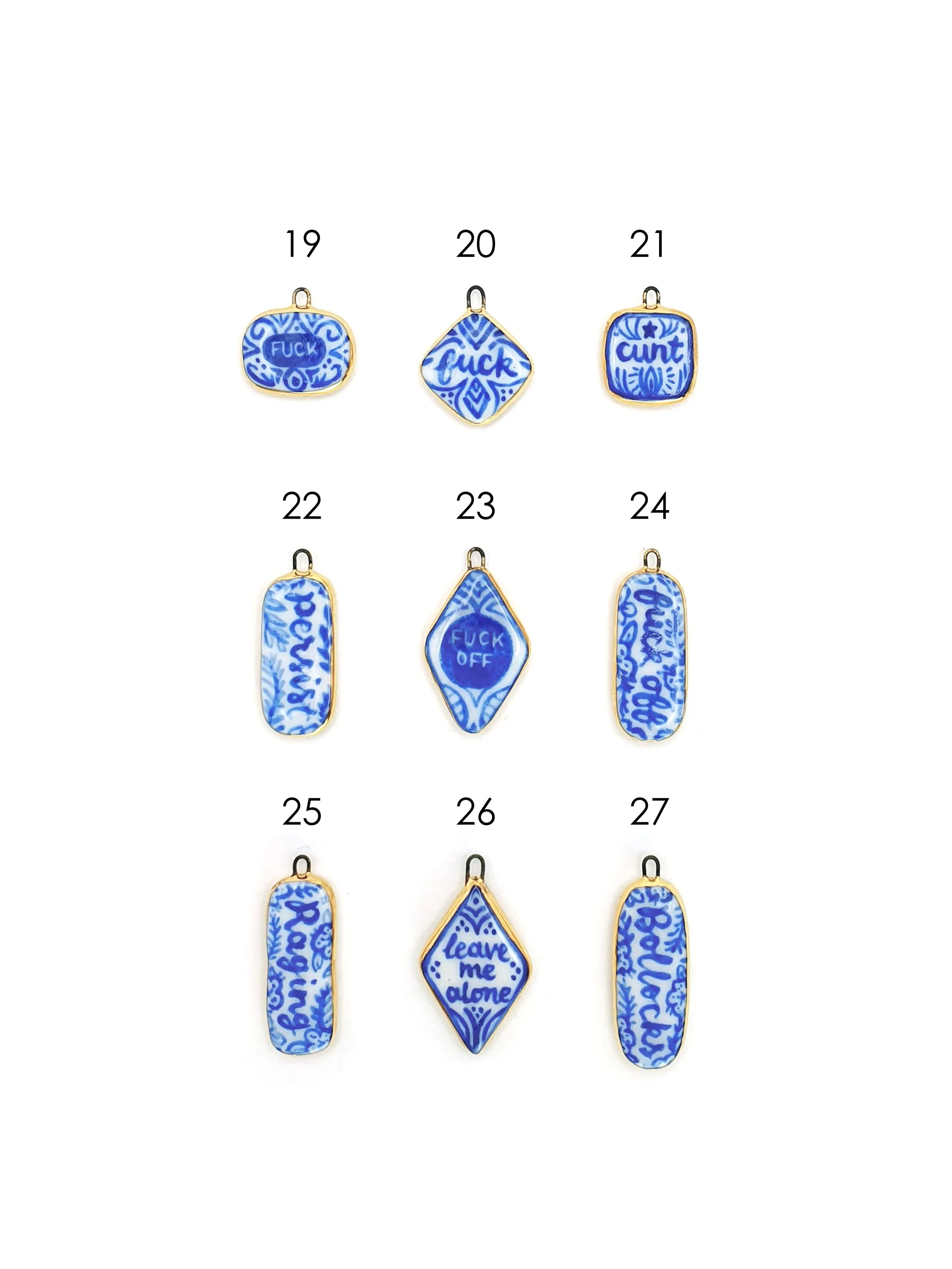 Blue and white sweary lozenge charms - SET 3