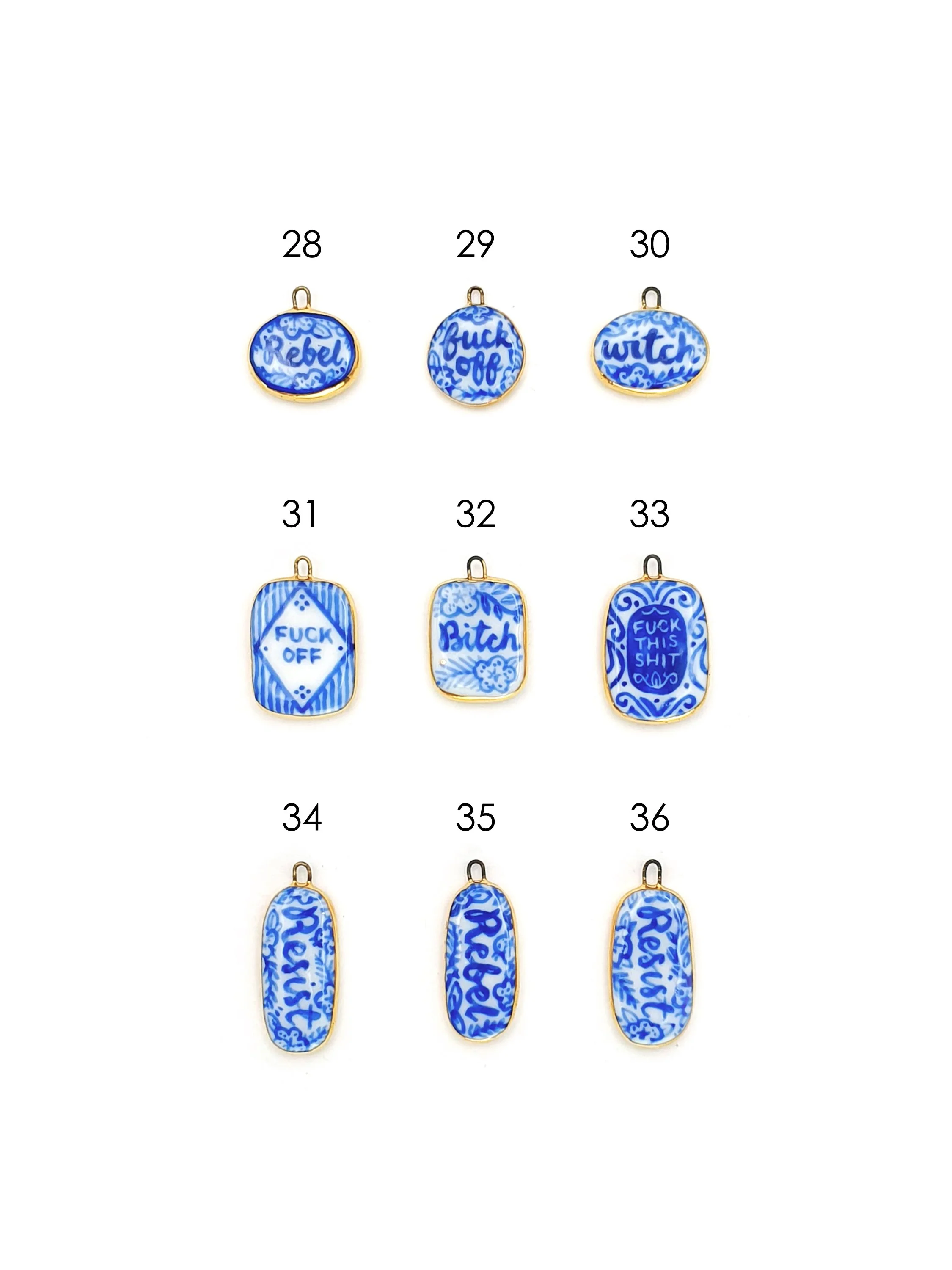 Blue and white sweary lozenge charms - SET 4