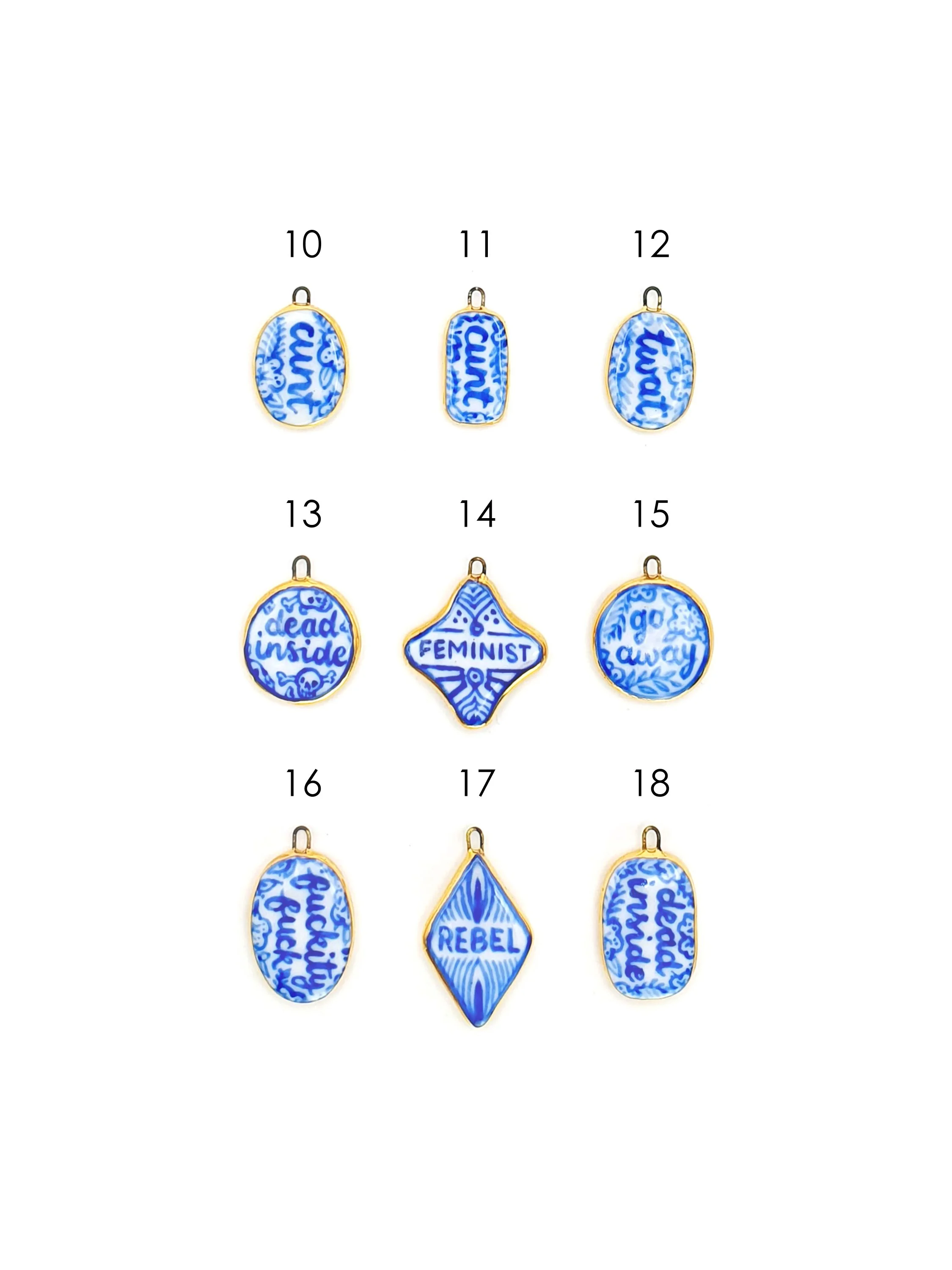 Blue and white sweary lozenge charms - SET 2