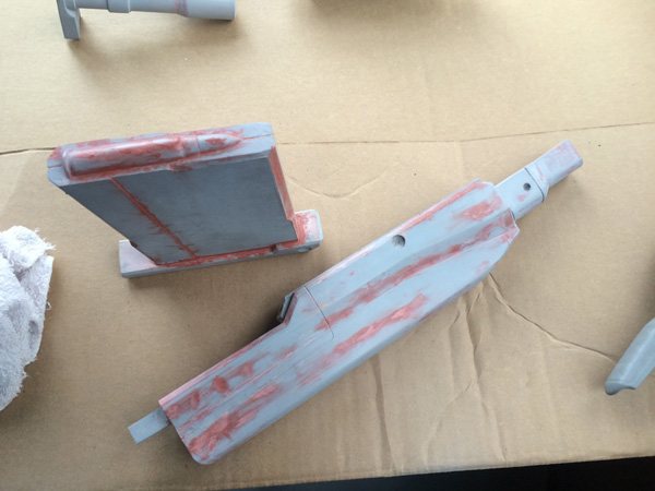 Once the Bondo is approaching done, I like to use automotive primer to see where it’s going wrong. One flat colour shows imperfections more clearly.