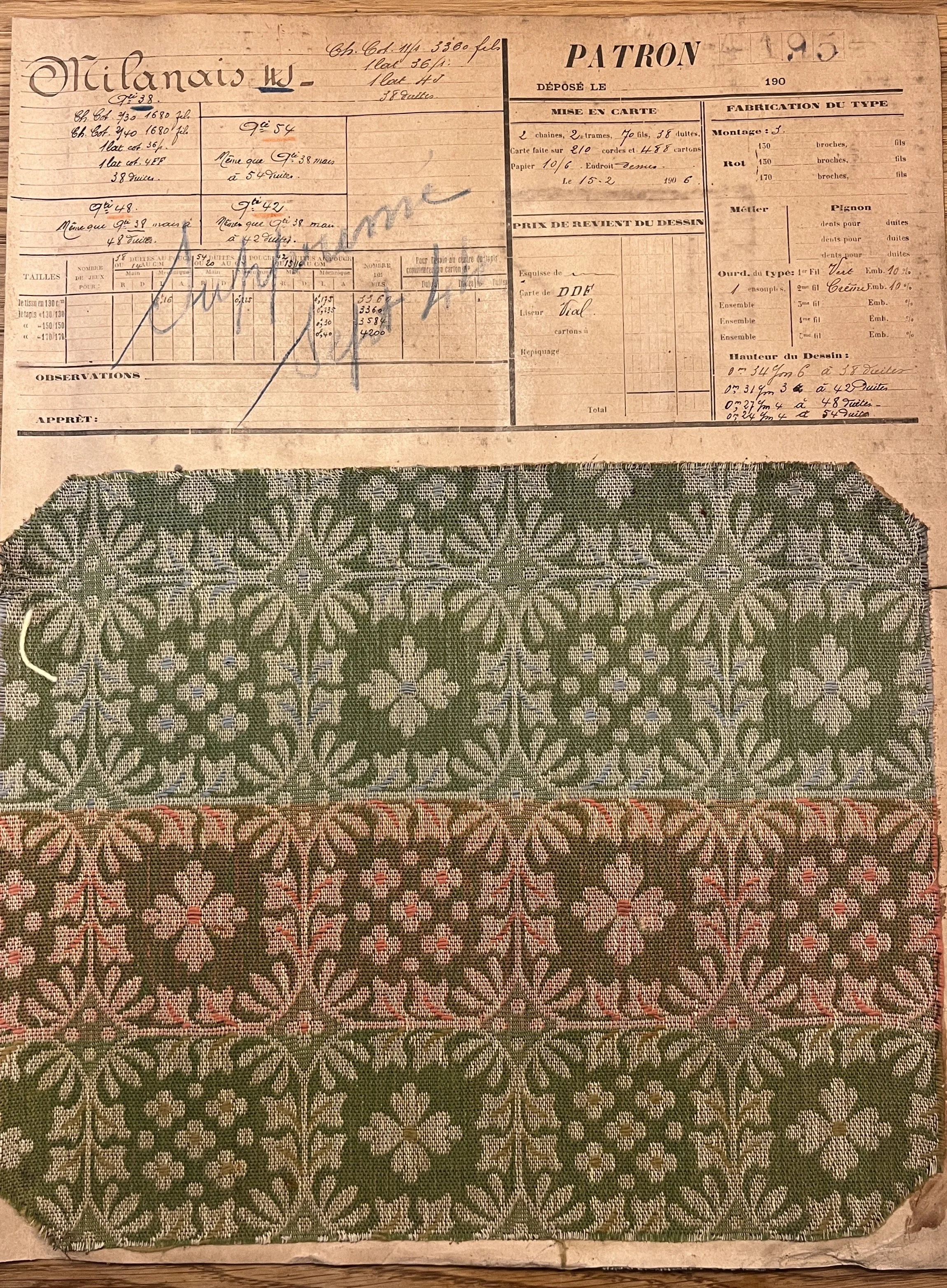sold D Milanais fabric sample sheet 1954
