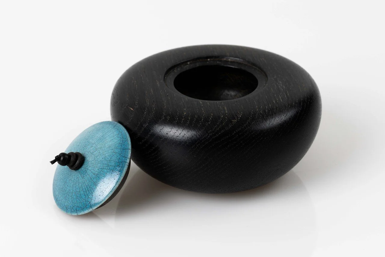 KS Ebonised Oak Pebble Pot Green Blue Raku.jpg