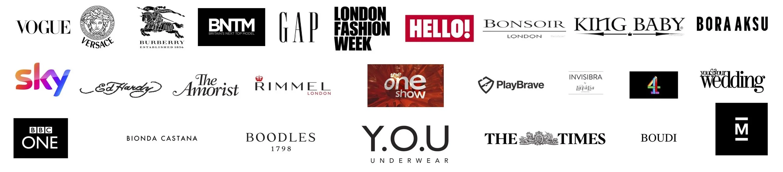 Collage of various brand logos including Vogue, Versace, BBC One, and The Times.