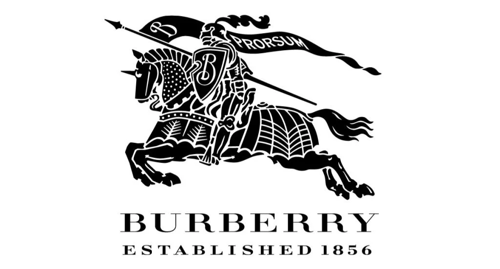 Burberry logo featuring a knight on horseback with a flag, classical text stating "Burberry Established 1856."