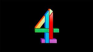Colorful geometric '4' logo against black background.