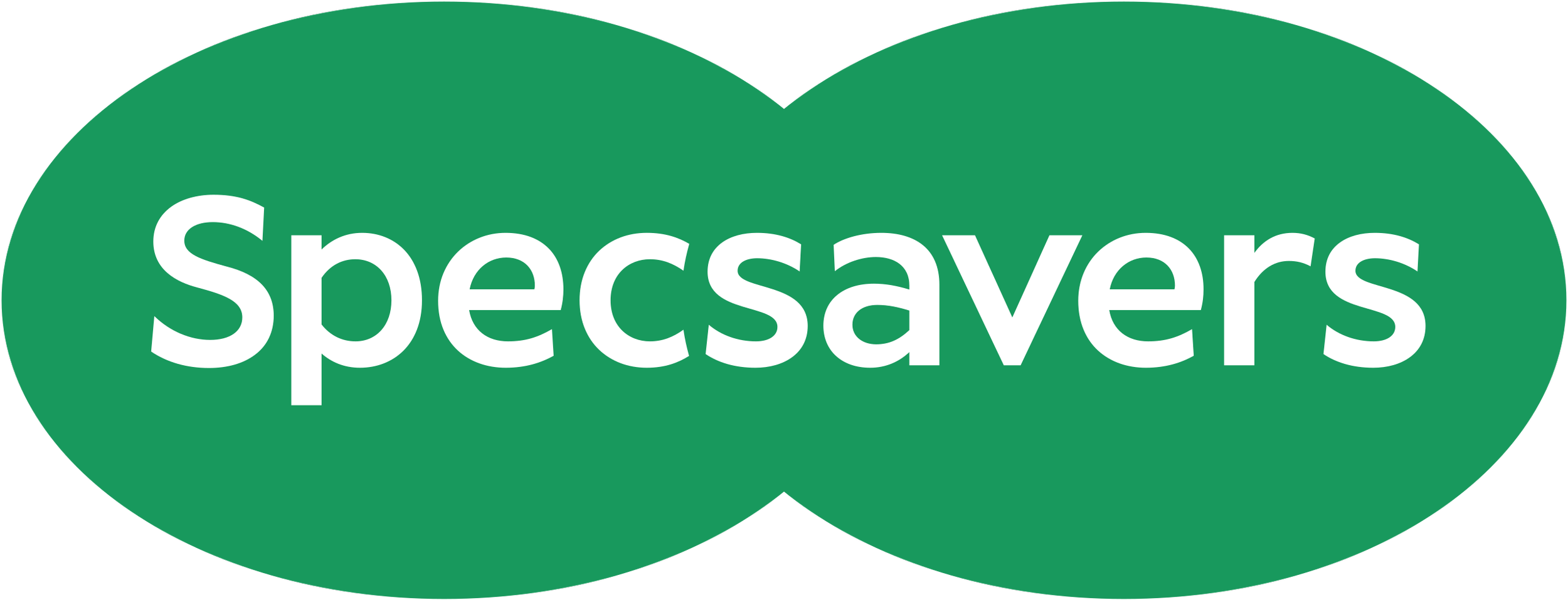 Specsavers logo with white text on a green background design resembling eyeglasses.