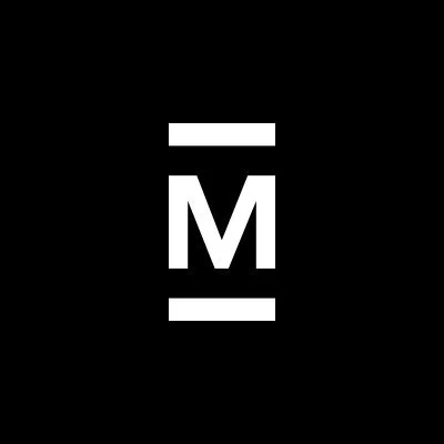 White letter M between two horizontal lines on black background.